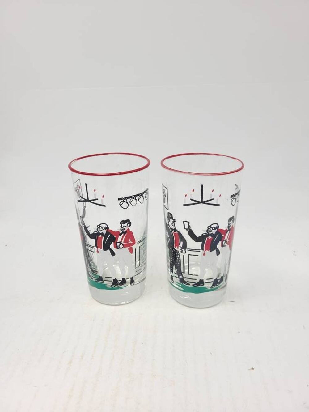 Vintage Libbey Pickwick Highball Glasses Charles Dickens Tavern Scene Pair